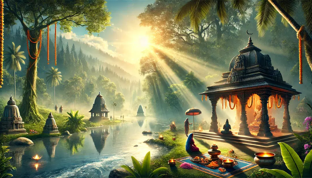 https://drive.gurucool.life/blogsImage/1722659431836.DALL·E-2024-08-03-09.56.25---A-serene-landscape-depicting-a-peaceful-temple-scene-during-the-early-morning,-surrounded-by-lush-greenery.-The-scene-symbolizes-Hariyali-Amavasya,-wi.webp