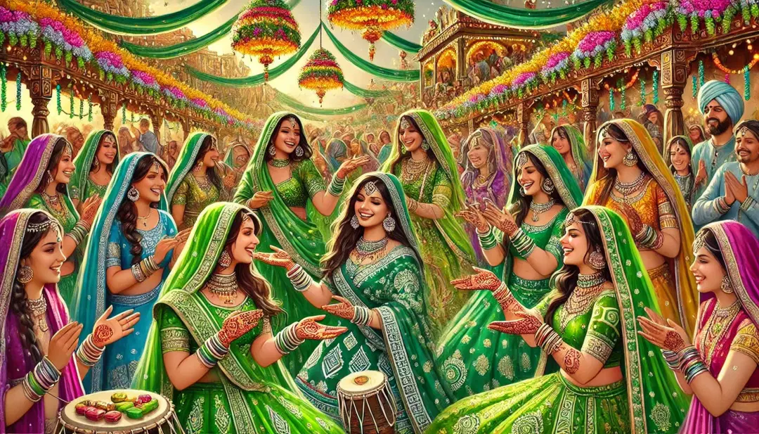 https://drive.gurucool.life/blogsImage/1722926316470.DALL·E-2024-08-06-12.08.24---A-lively-scene-depicting-a-group-of-women-celebrating-the-Hariyali-Teej-festival,-a-traditional-Hindu-festival.-The-women-are-wearing-vibrant-green-sa.webp